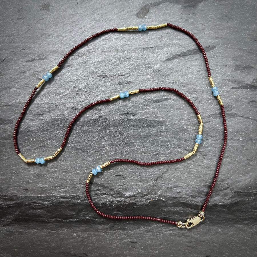 Blue Quartz & Oxblood Red Beaded Necklace