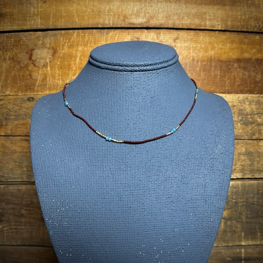 Blue Quartz & Oxblood Red Beaded Necklace