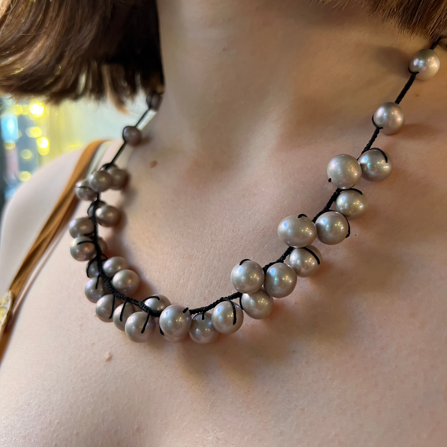 Grey Pearl and Black Cord Necklace