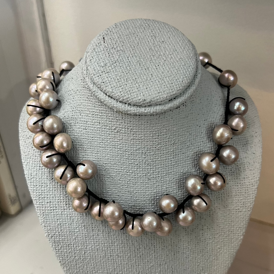 Grey Pearl and Black Cord Necklace