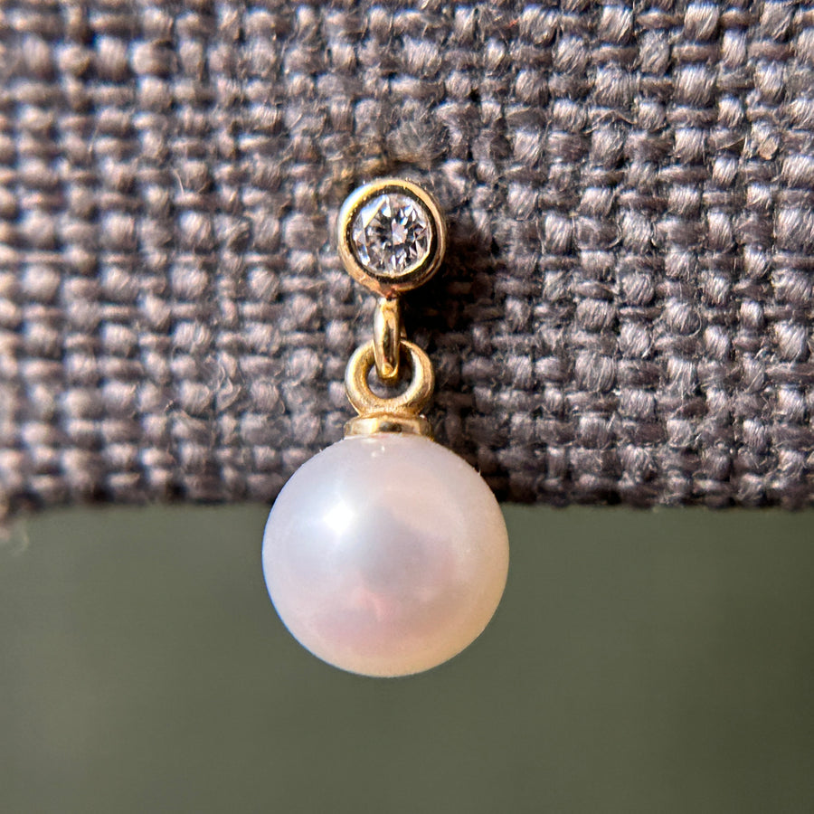 14k Diamond & Pearl Drop Stud Earrings