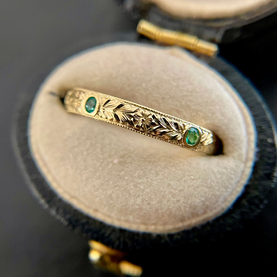 Hand Engraved Ring w Five Emeralds